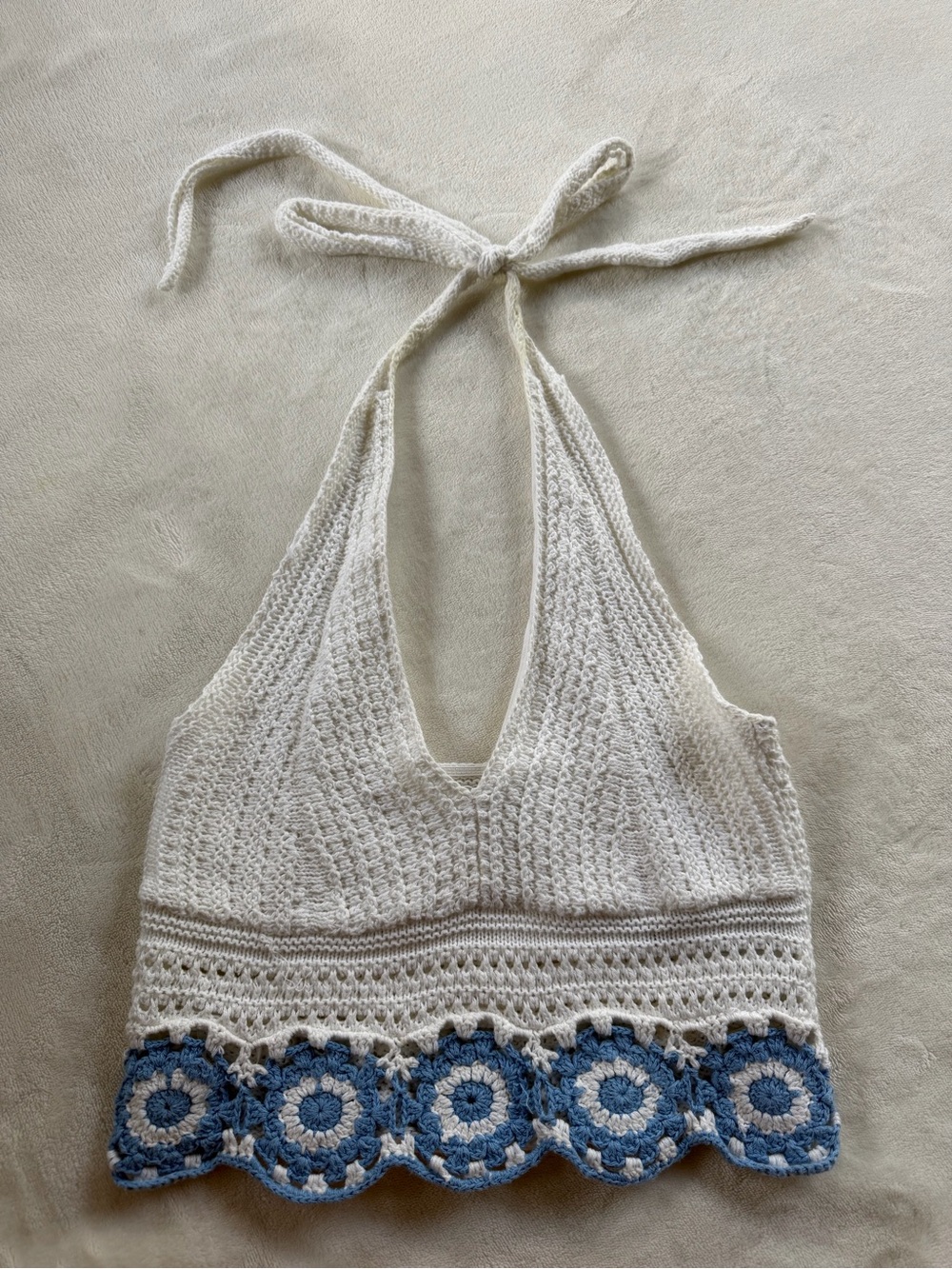Hollister White Crochet Halter Crop Top with Blue Floral Trim
